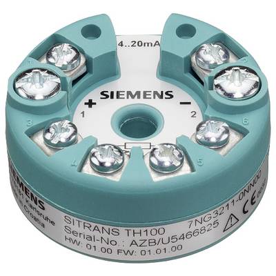 En rund, turkisfarvet Siemens SITRANS TH100 temperatursensor med seks tilslutningspunkter, serienummer og tekniske specifikationer.