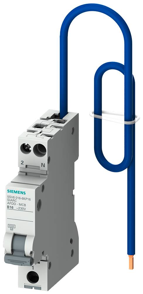 En grå Siemens-effektafbryder med blå ledningsforbindelse, mærket '5SY6 016-6CF16' og 'N 2', på hvid baggrund.