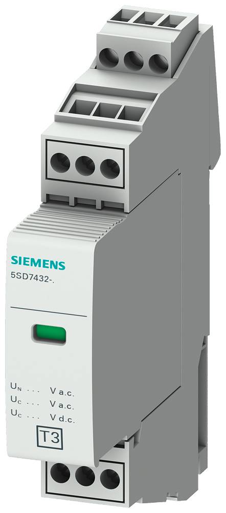Grå Siemens overspændingsbeskyttelsesenhed med grøn indikator. Enheds model: 5SD7432. Egnet til veksel- og jævnstrømsystemer.