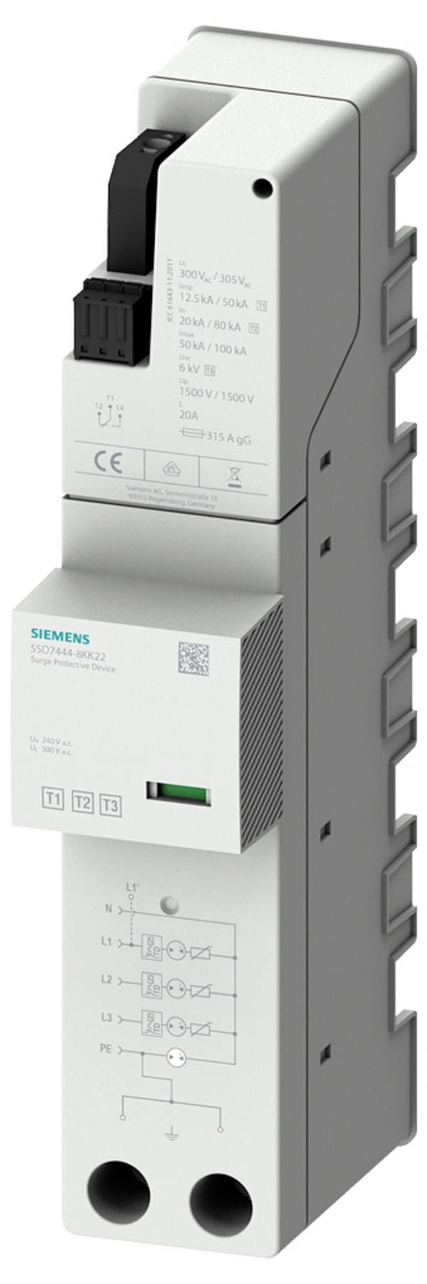 Siemens 5SD74448KK22 5SD7444-8KK22 Kombi-afleder  Overspændingsbeskyttelse til: 40 mm samleskinne 12.5 kA  1 stk