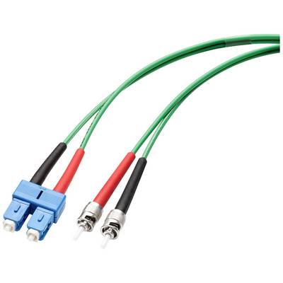 Et grønt fiberoptisk kabel med en blå SC-stik på den ene side og to røde og sorte BNC-stik på den anden side.