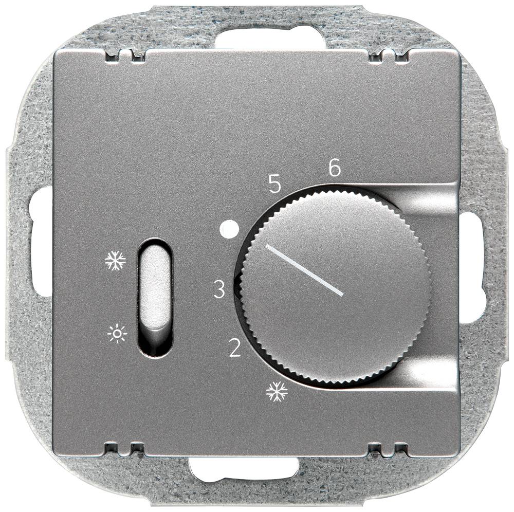 Drejeligt termostatregulator med skala fra 0 til 6 og skydekontakt med solsymbol (lav) og snefnugsymbol (høj).