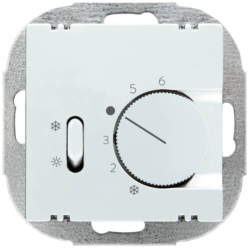Et termostat med drejeregulator til temperaturer fra 2 til 6 og symboler for sne og sol til angivelse af kulde og varme.