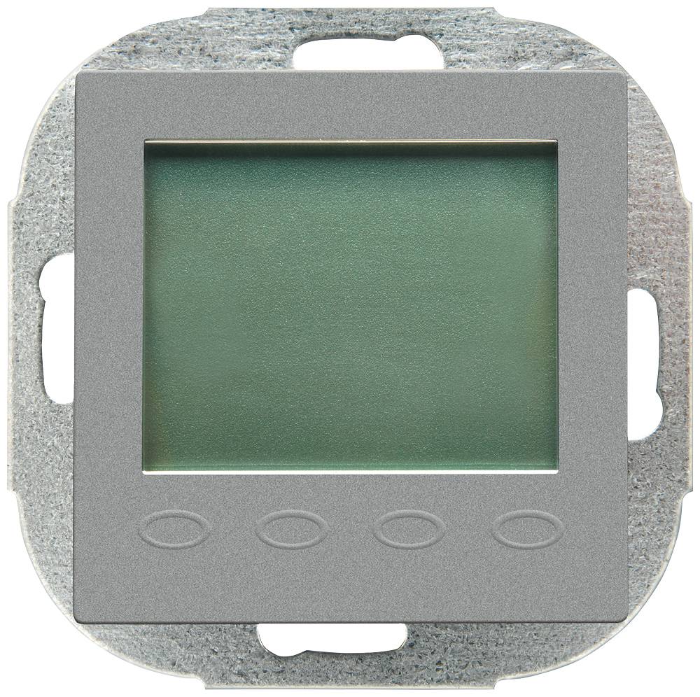 En digital termostat med et rektangulært display og fire taster nedenunder. Huset er lavet af metal med et moderne design.