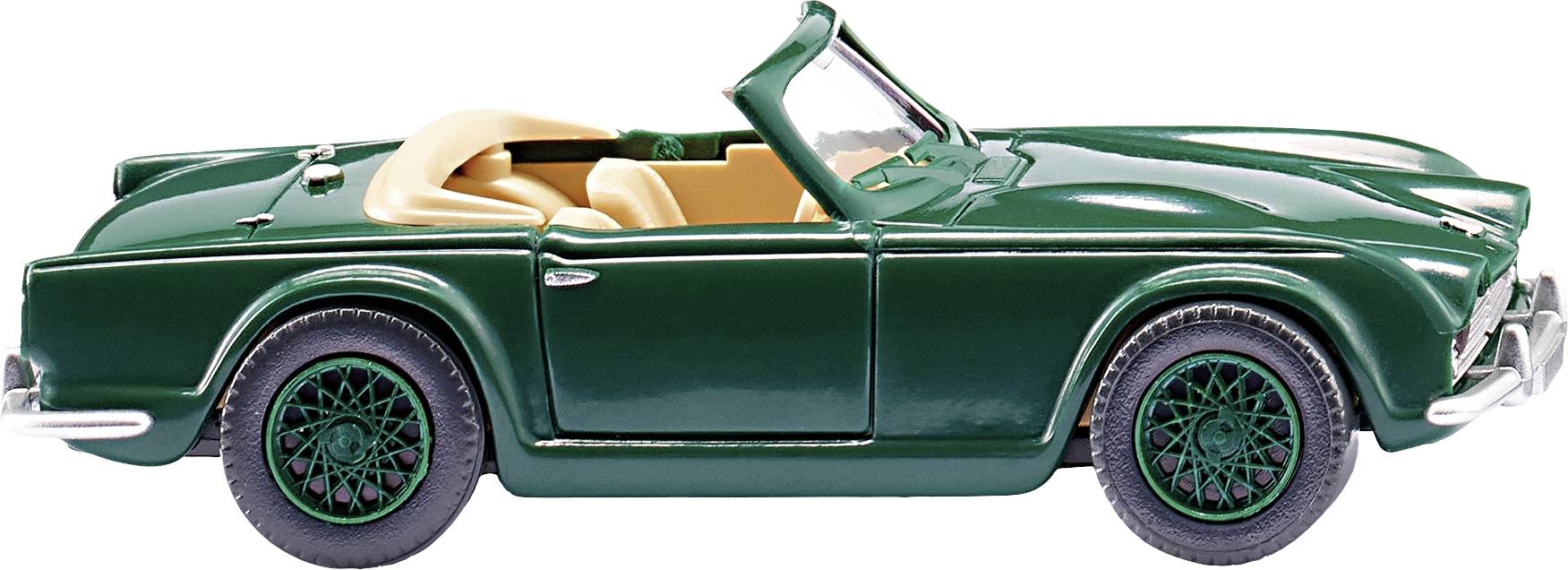 En klassisk, mørkegrøn cabriolet-sportsvogn set fra siden med nedfældet tag og beige sæder.