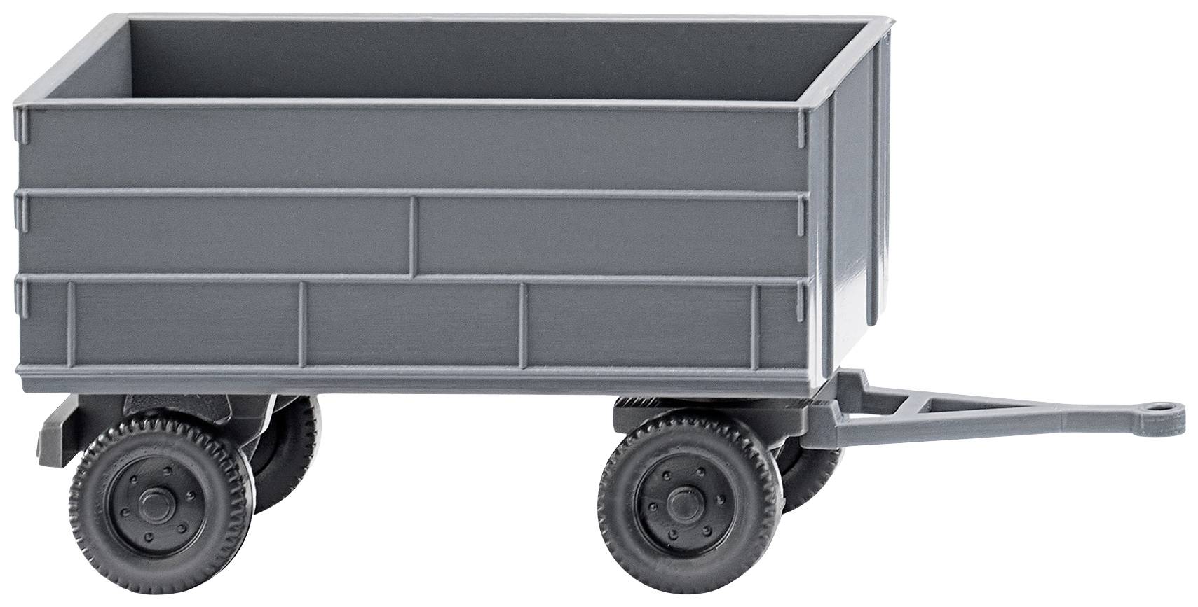Grå legetøjsanhænger med fire hjul, rektangulær opbygning og trækstang.