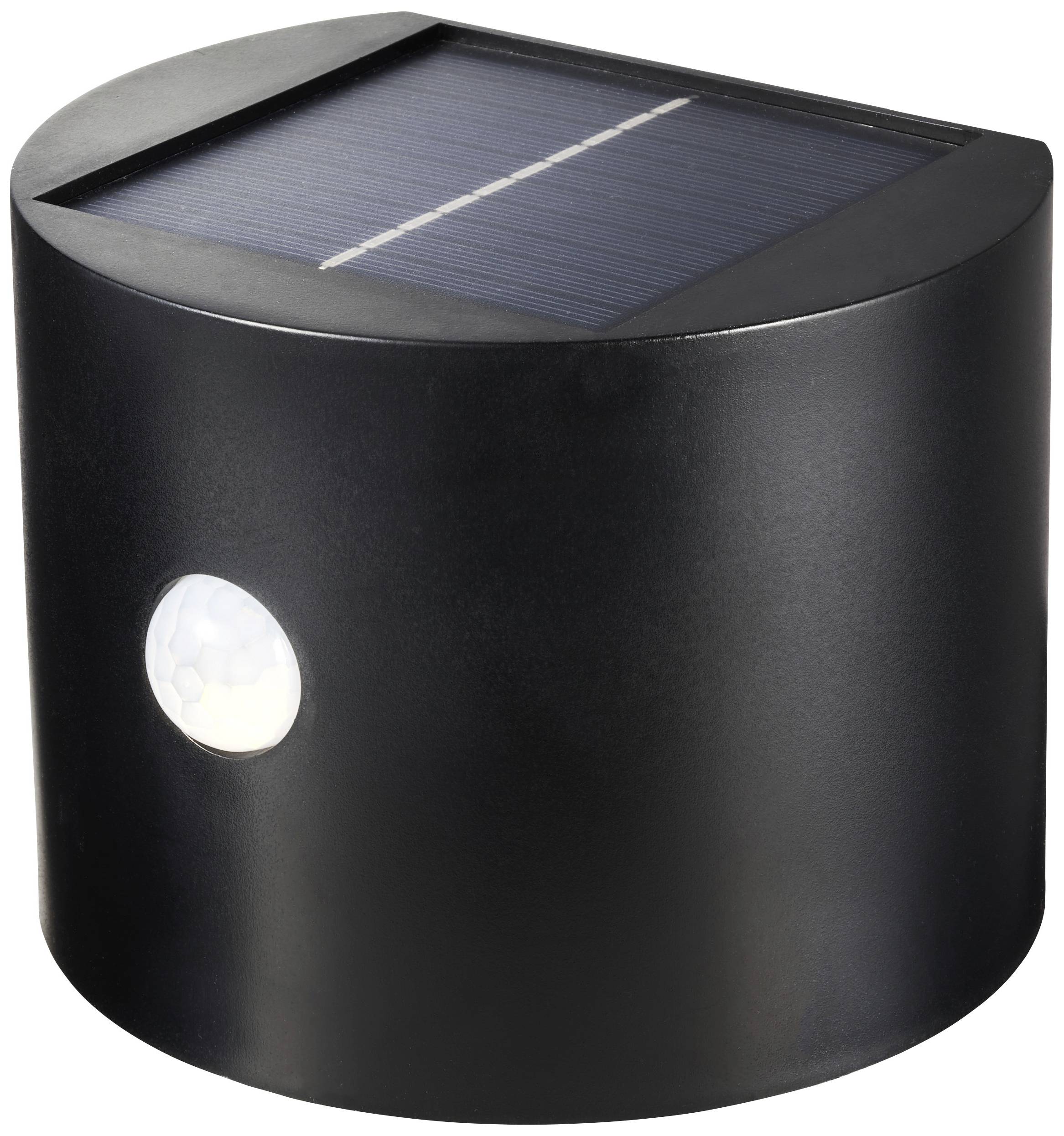 Sort, rund solarlampe med solarpanel øverst og bevægelsessensor på siden. Perfekt til udendørsområder.