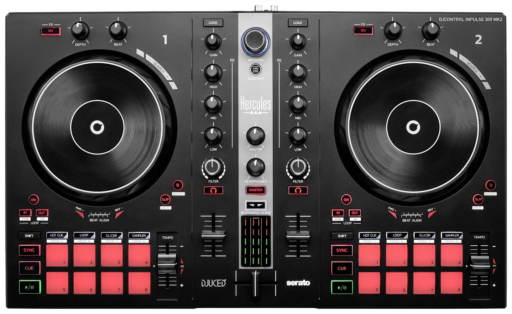 DJ-controller med to jog wheels, centrale kontrolknapper til lyd og tempo samt oplyste pads til musikeffekter.