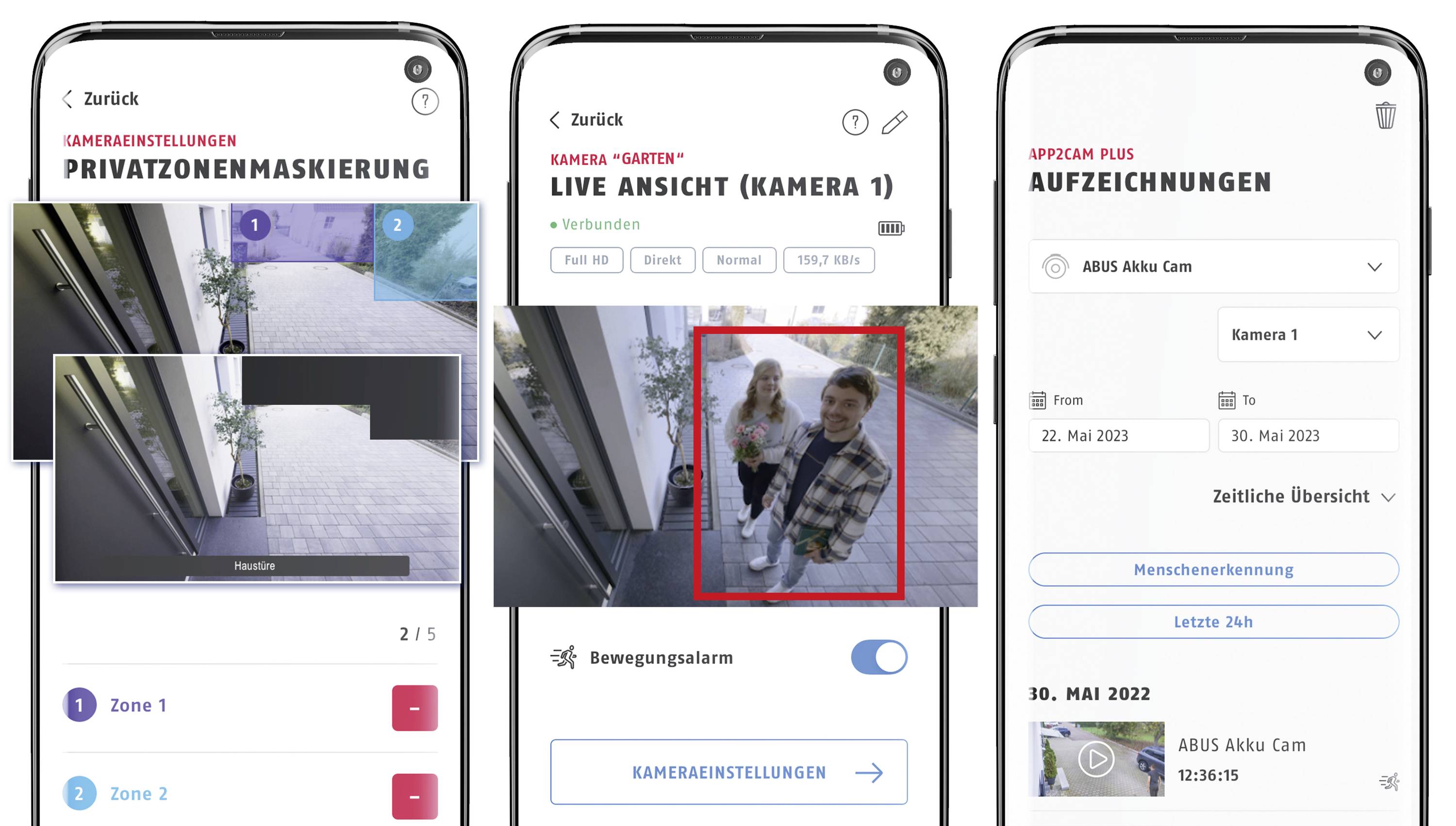 Tre smartphoneskærme viser en overvågningsapp med maskerede zoner, direkte visning fra et kamera med personer og optagelser.