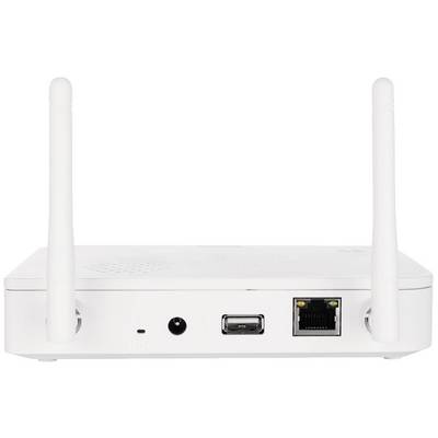 Bagside af en hvid netværksrouter med to antenne samt stik til strøm, USB og Ethernet-kabler.