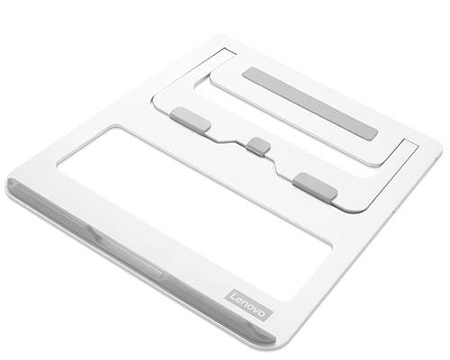 En hvid laptopstander i plast, fremstillet af Lenovo, viser en ergonomisk form, der sikrer bedre ventilation og komfort.