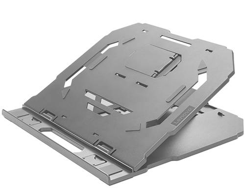 En justerbar laptopstander i sølvfarvet metal, udfoldet, til forbedret ventilation og ergonomi.