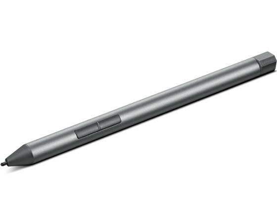 En grå, slank input-pen med to knapper på siden. Egnet til brug med digitale enheder som tablets eller bærbare computere.