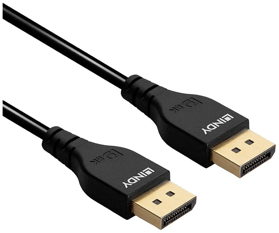 To DisplayPort-kabler i sort med stik i begge ender på hvid baggrund. Egnede til video- og lydoverførsel.