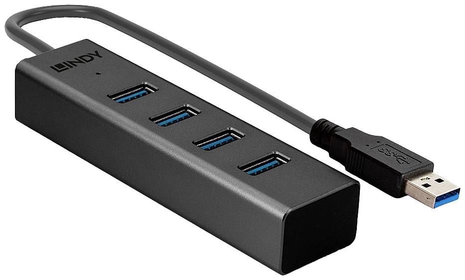 USB-hub med fire porte og blåt markerede indvendige stik. Tilslutningskabel placeret ved siden af.