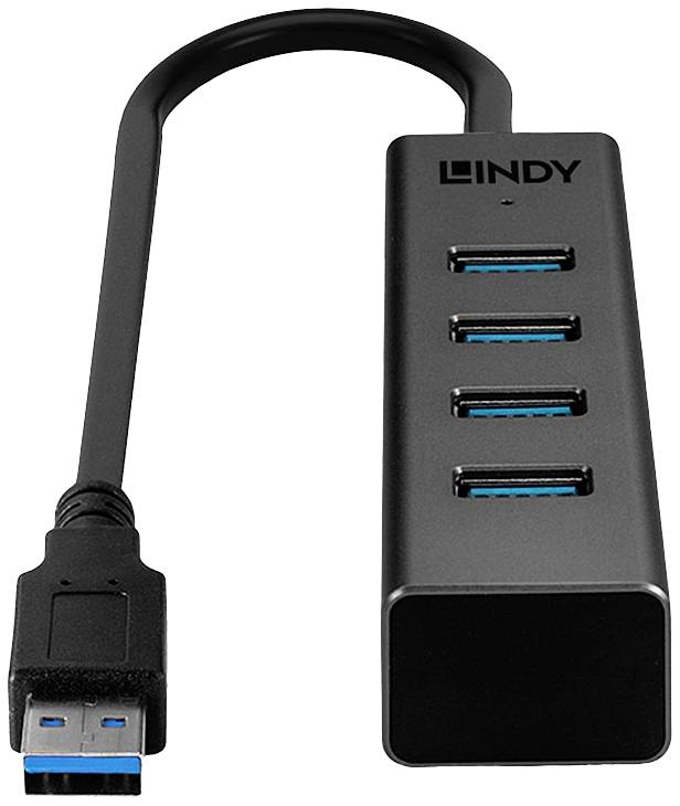 Sort USB-hub med fire USB 3.0-porte og et kort kabel. Øverst er mærket 'Lindy' synligt.