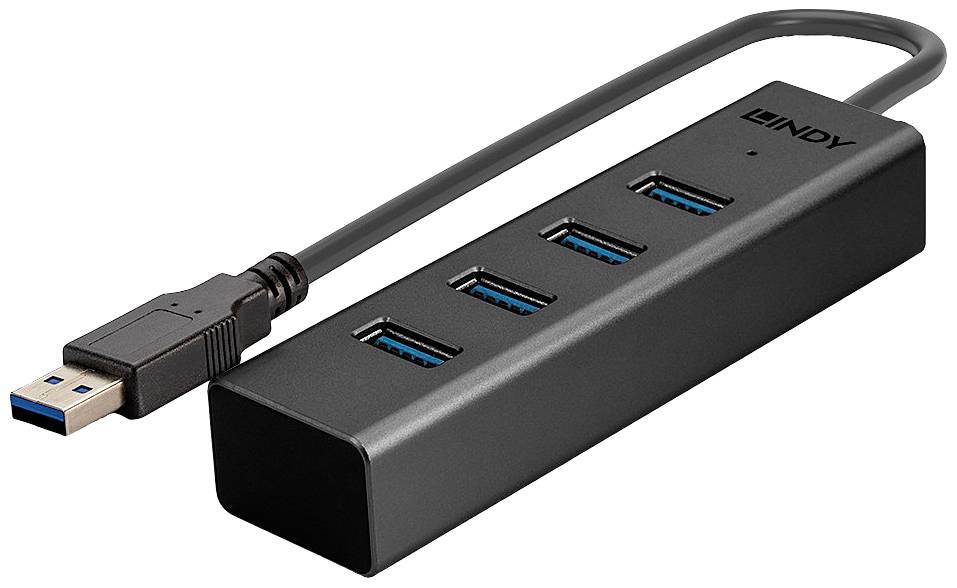 USB-hub med fire blå USB-porte og et kabel. Velegnet til at tilslutte flere enheder til en computer.