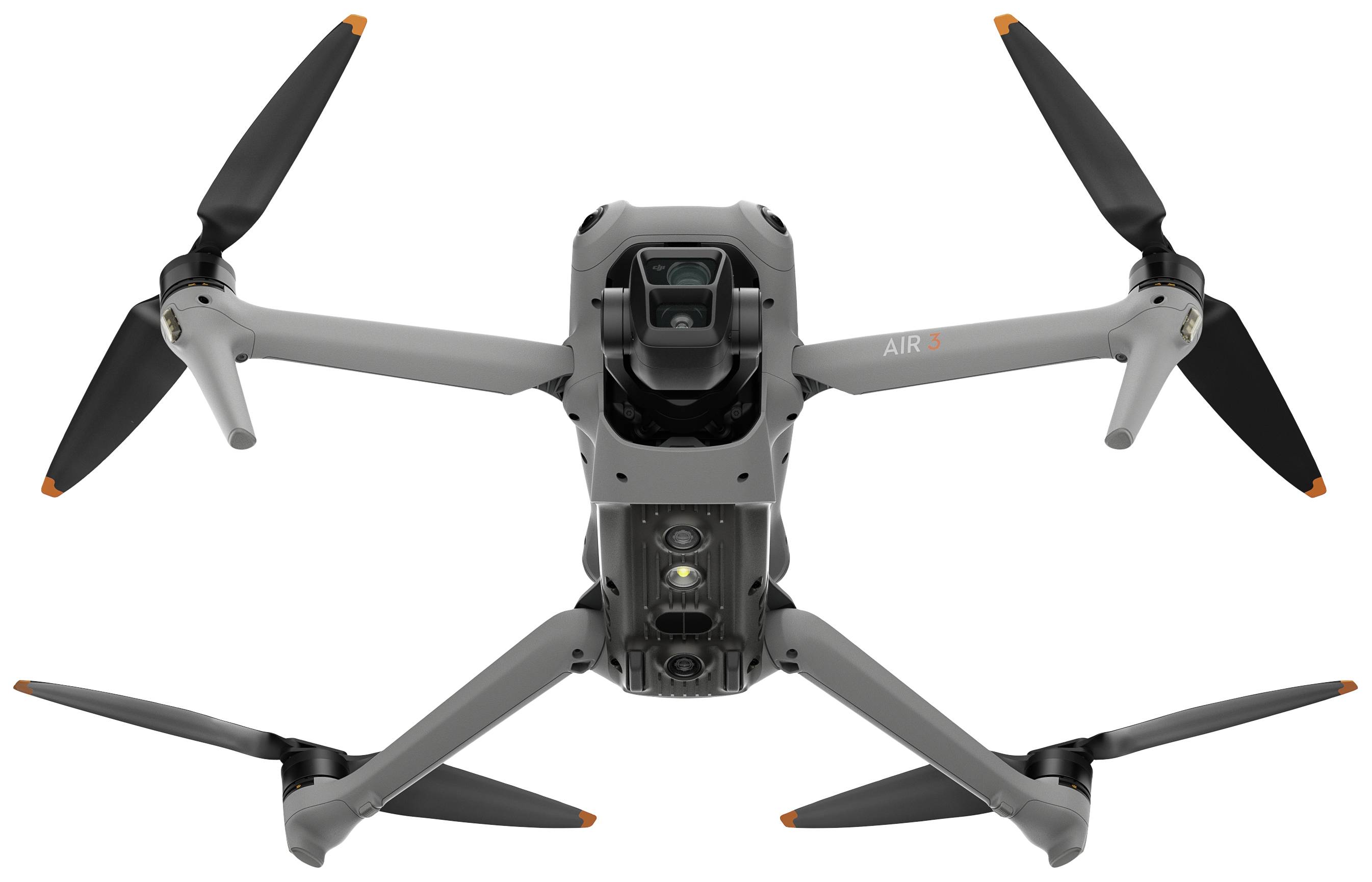 En grå drone med fire rotorer og et kamera under.