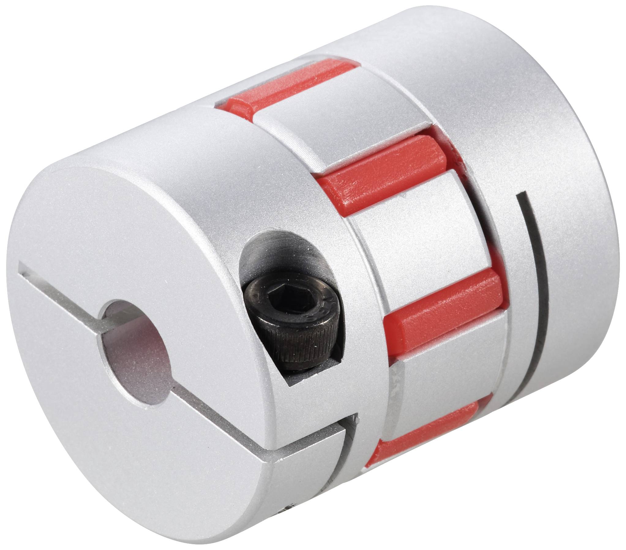 Metalkobling med røde indsatser og skrueåbning. Forbinder aksler i maskinteknik til overførsel af mekanisk effekt.