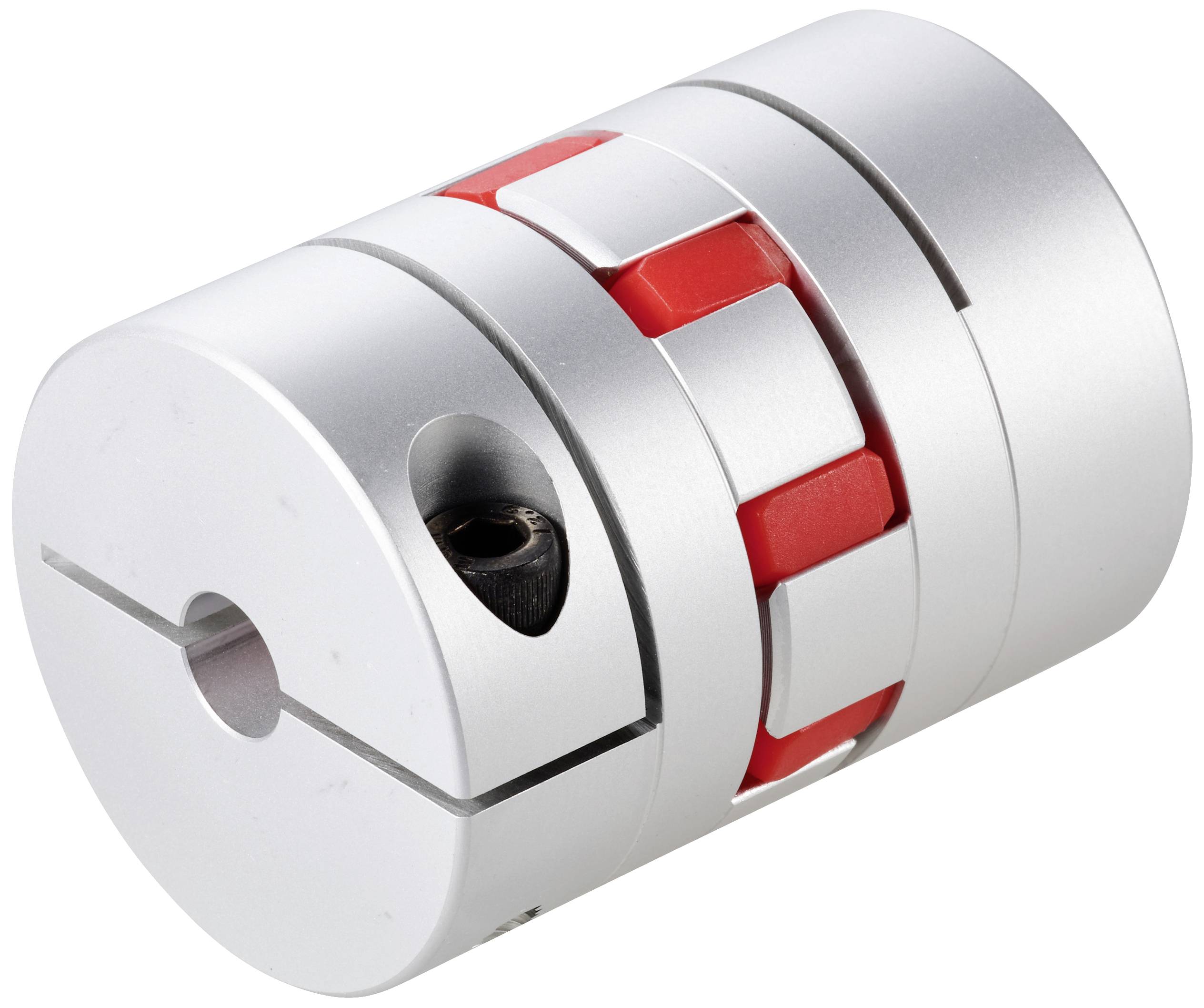 En sølvfarvet metalkobling med røde indsatser og skrue, bruges til overførsel af drejningsmoment i mekaniske systemer.