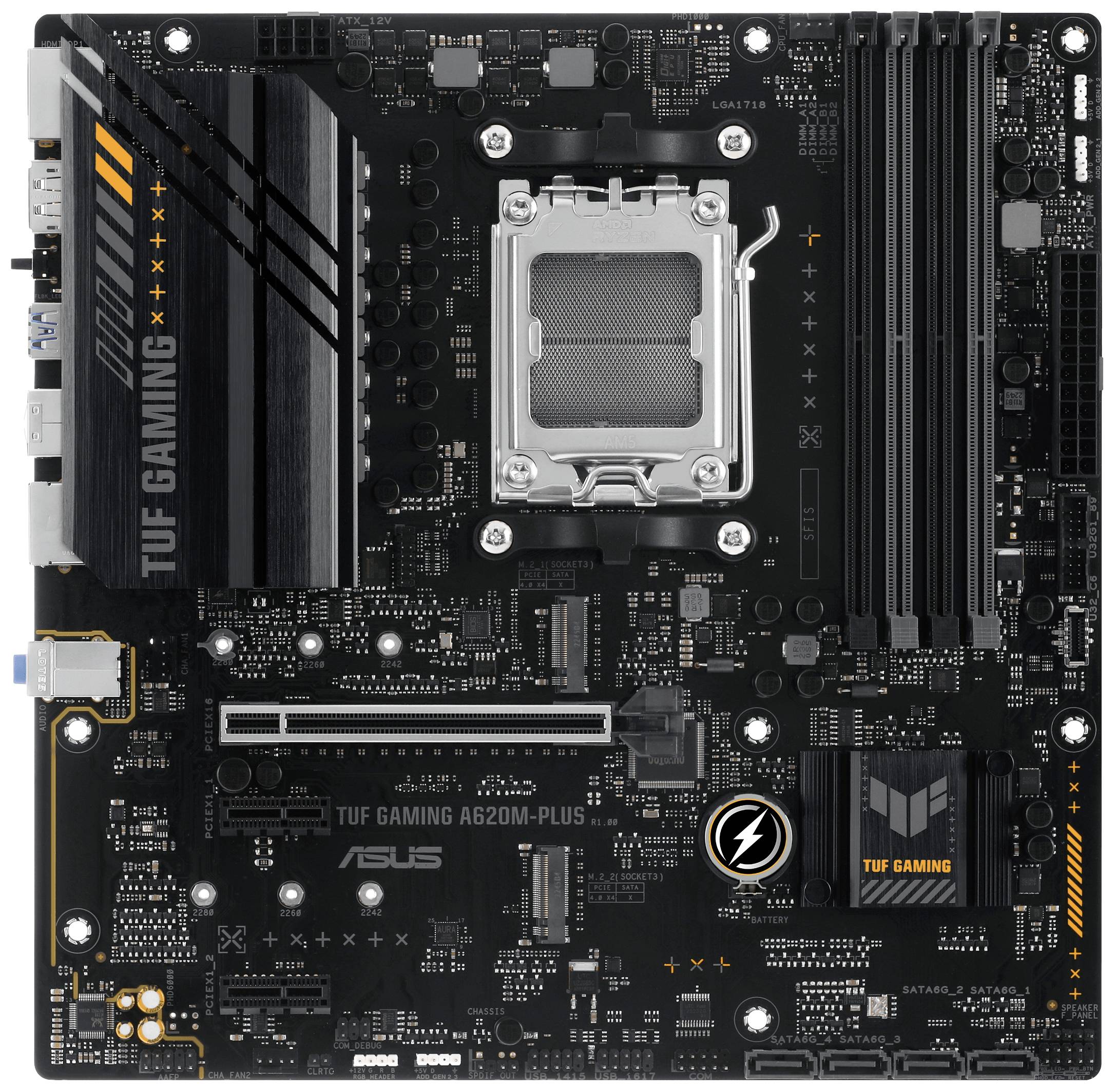 Bundkort ASUS TUF Gaming A620M-PLUS, tilbyder PCIe-slots, RAM-sokkel og CPU-sokkel. Velegnet til gaming-computere.
