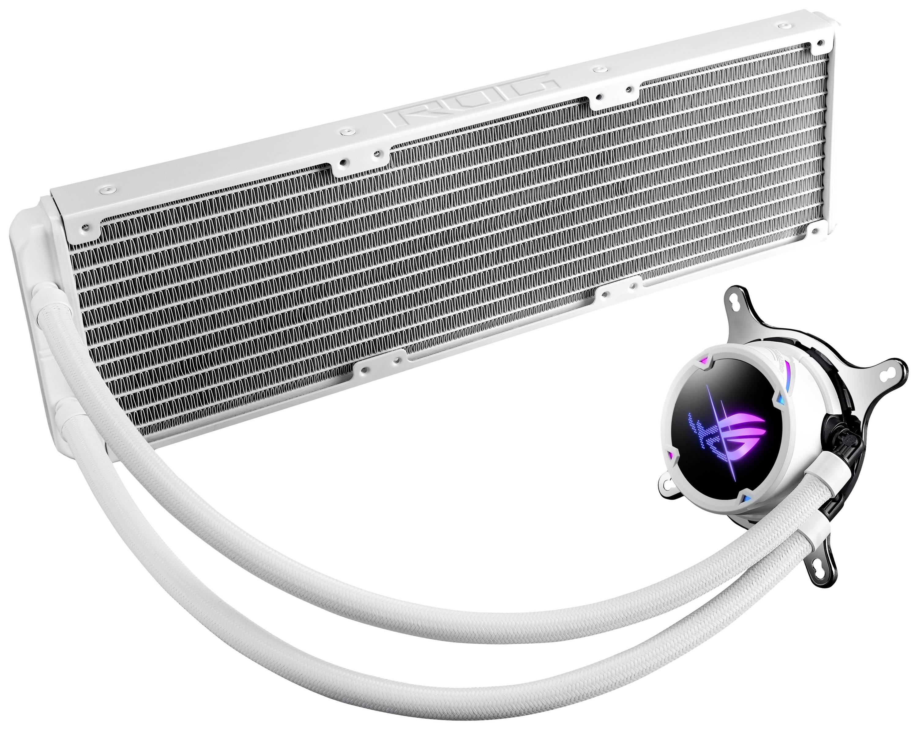 Hvid PC-vandkøling med stort radiatorrør og belyst pumpehovede, velegnet til effektiv køling af high-performance processorer.