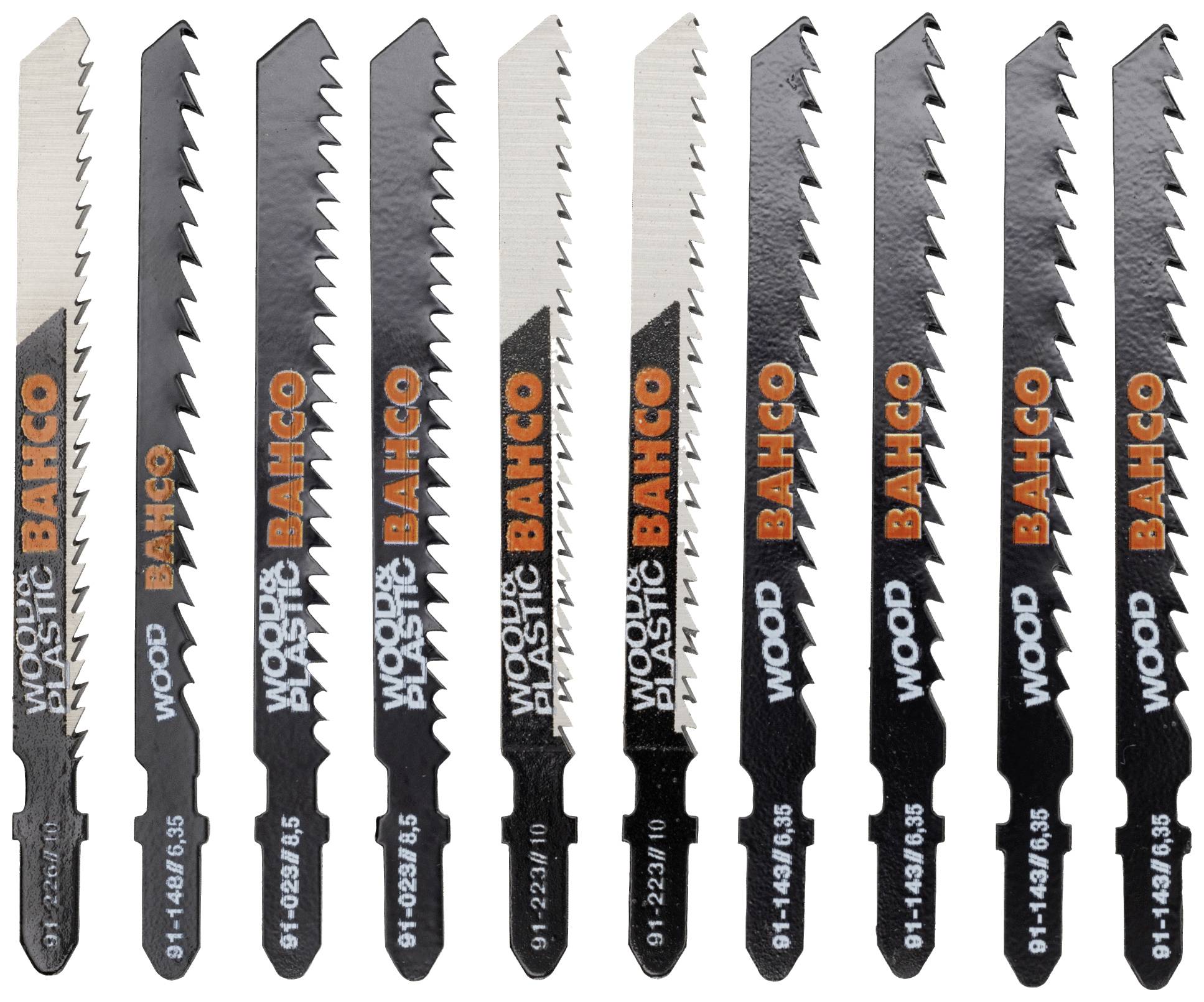 Ni stiksavsklinger i forskellige former og tænder, mærke 'Bahco', til materialer som træ og plast.