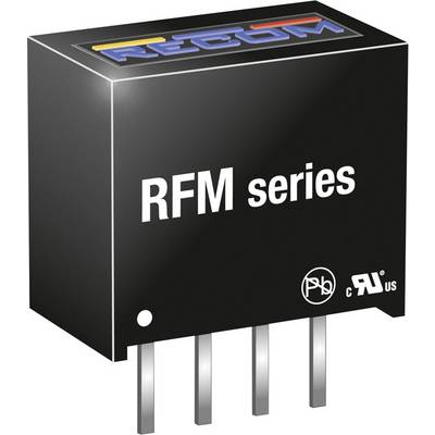 'RFM-serien'-effektomsættere fra RECOM med sorte huse og metalben, logoer for sikkerhedscertifikater trykt på.