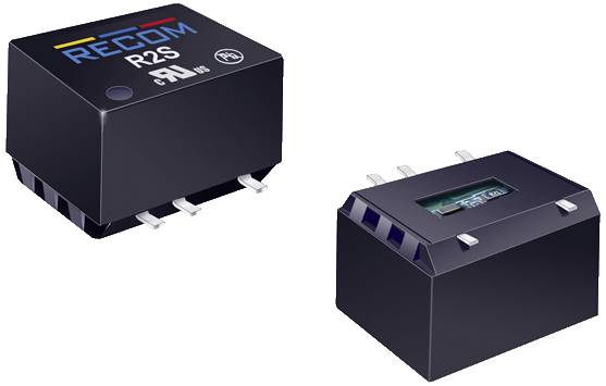 En sort elektronisk komponent med påskriften 'RECOM R2S' og symbolske testmærker, præsenteret i to visninger.