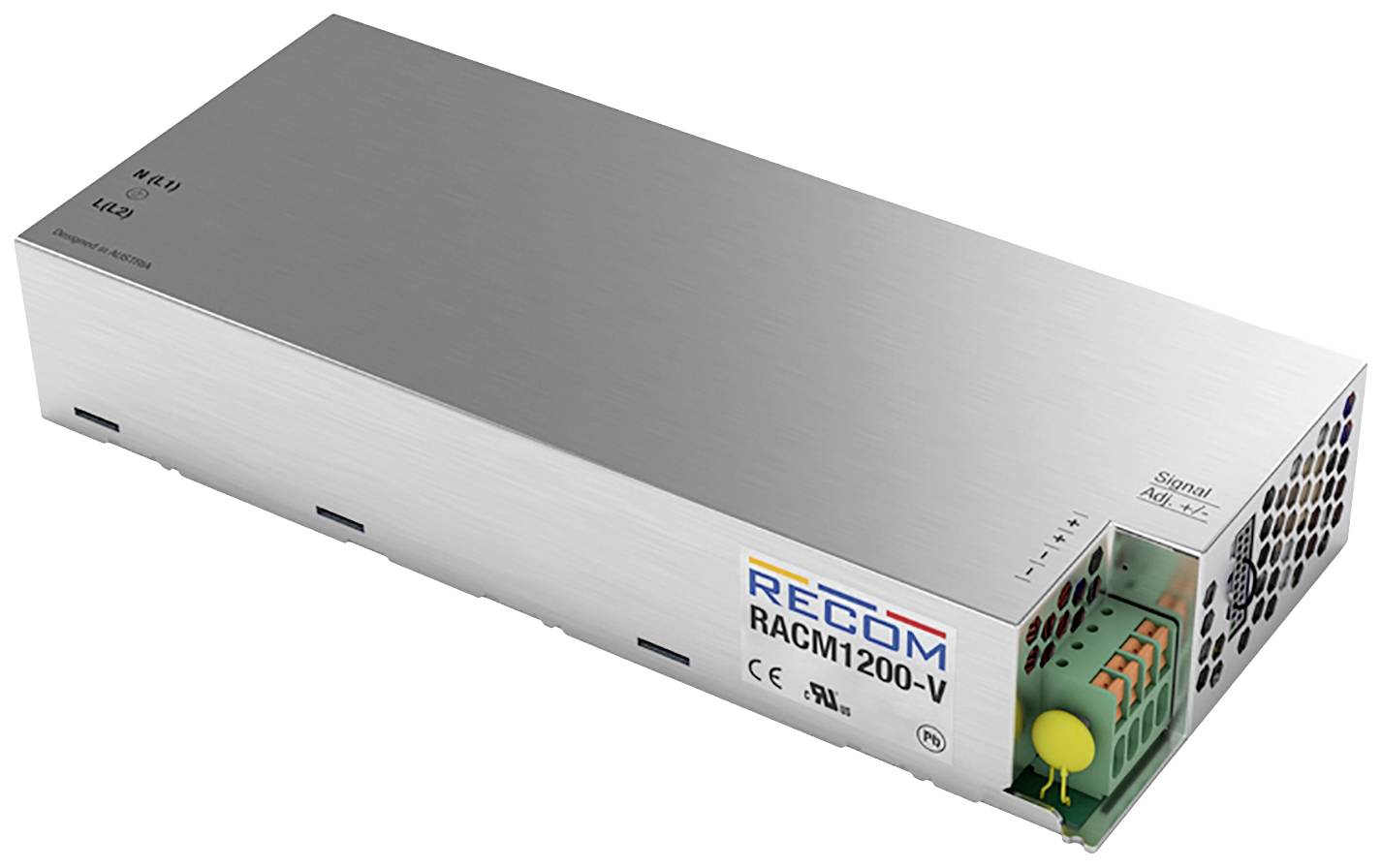 Strømforsyning 'RECOM RACM1200-V' med metalkappe og ventilationsgitter, egnet til industrielle anvendelser, isoleret.