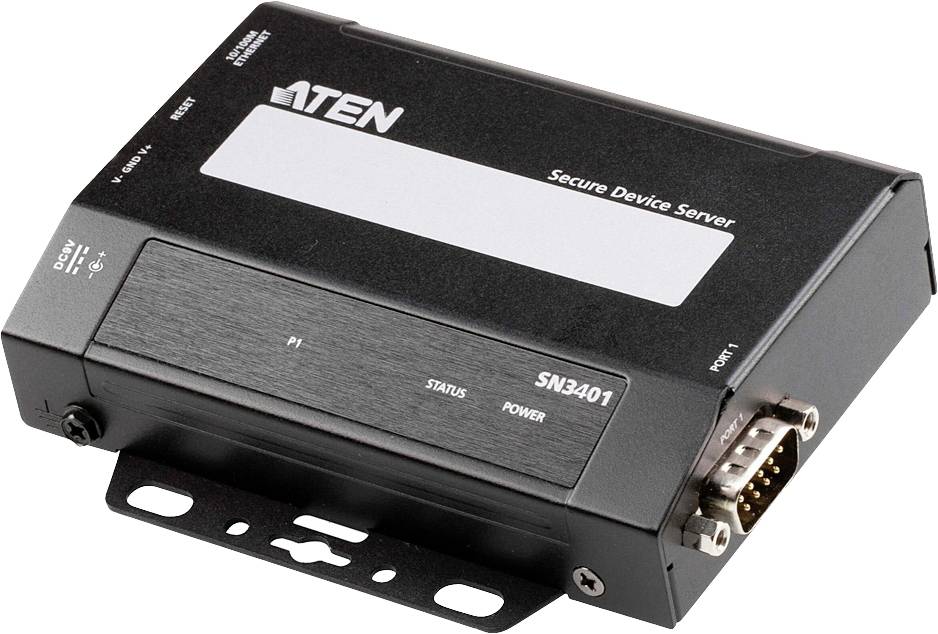 En sort enhed med påskriften 'Secure Device Server'. Den har tilslutninger og LED-indikatorer for status og strømforsyning.