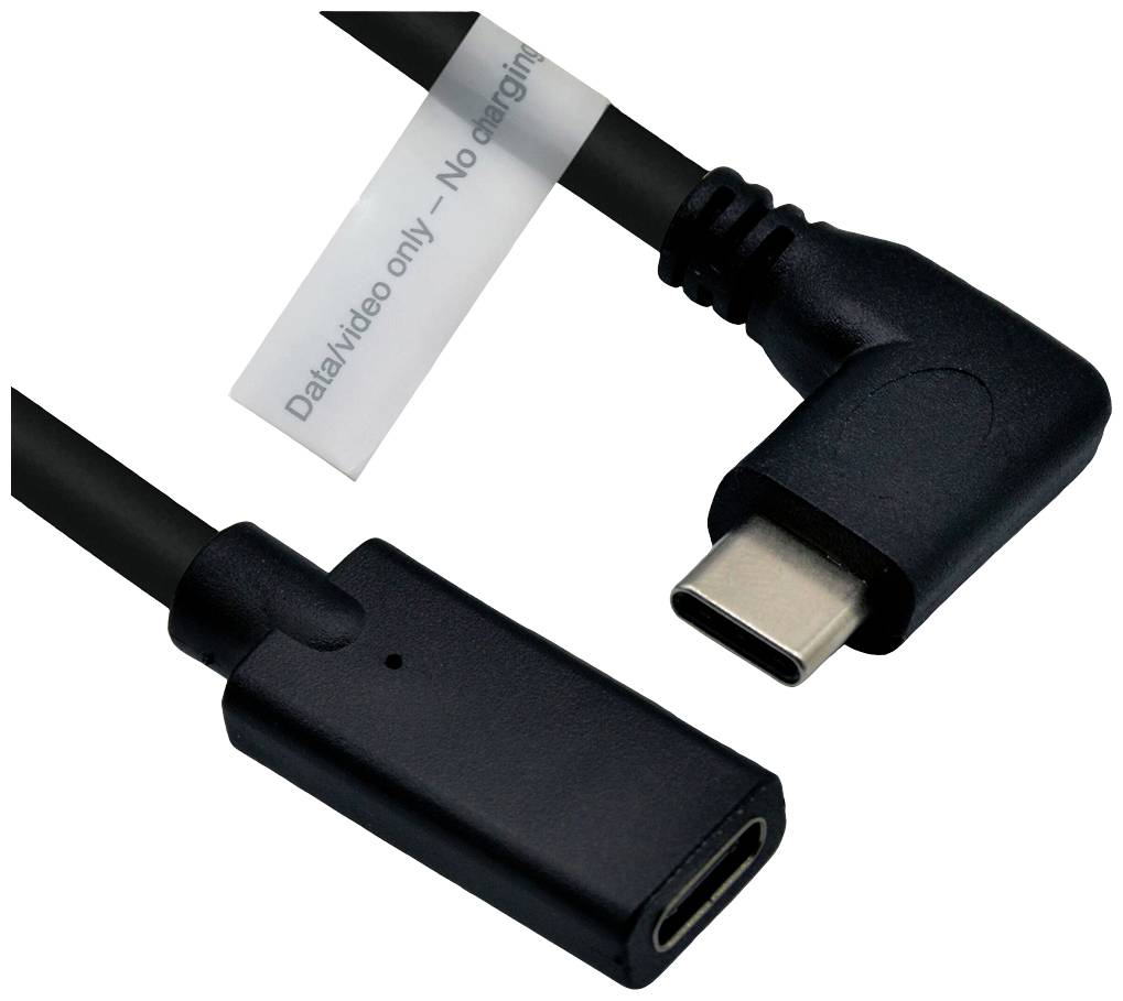 Sort USB-C-kabel med L-formet stik og etiket med teksten 'Kun data/video – Ikke til opladning', som angiver, at opladning ikke er mulig.