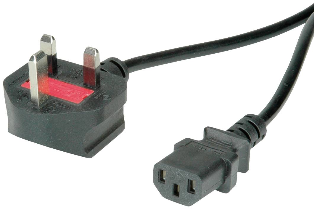 Sort netledning med britisk trepolet stik og C13-sokkel, ofte brugt til computere og husholdningsapparater.