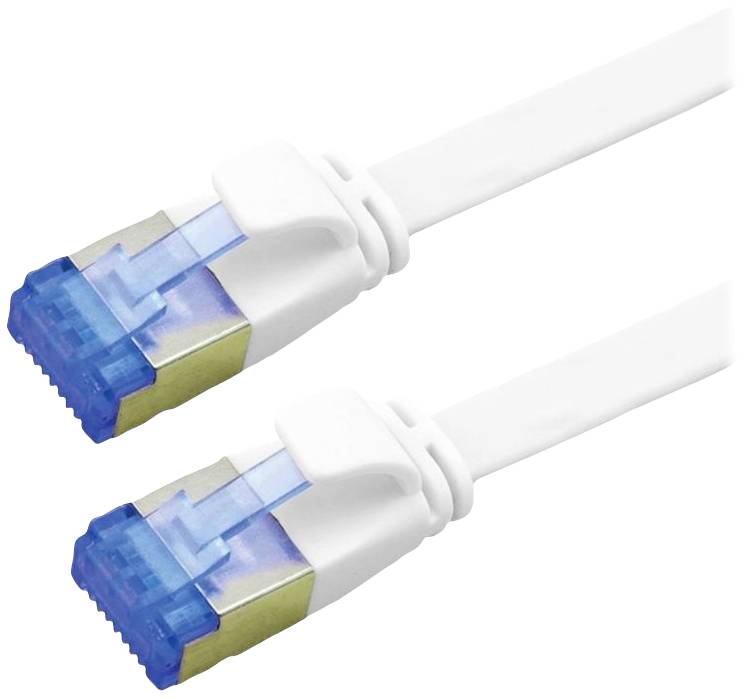 To datalagte hvide Ethernet-kabler med blå stik, velegnede til netværksforbindelser og internetadgang.