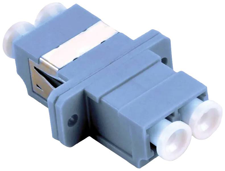 Blå optisk adapter med to tilslutninger, bruges til forbindelse af fiberoptiske kabler, set fra siden.