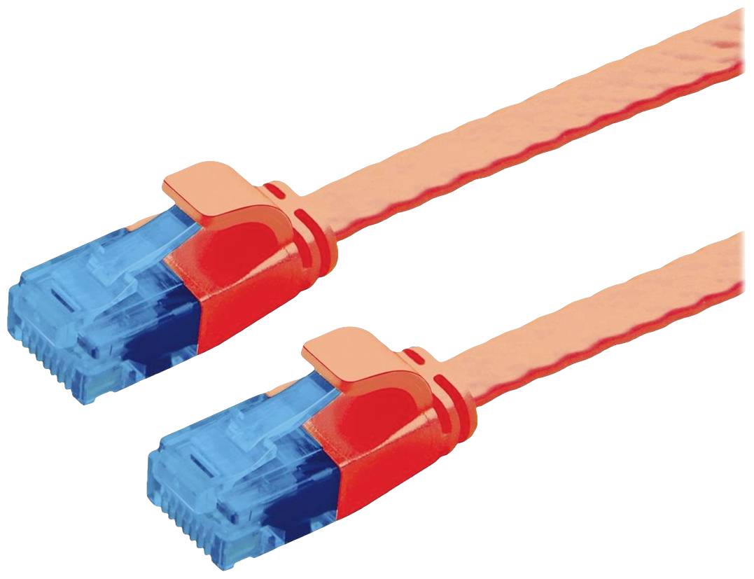 To orange Ethernet-kabler med blå stik på hvid baggrund.