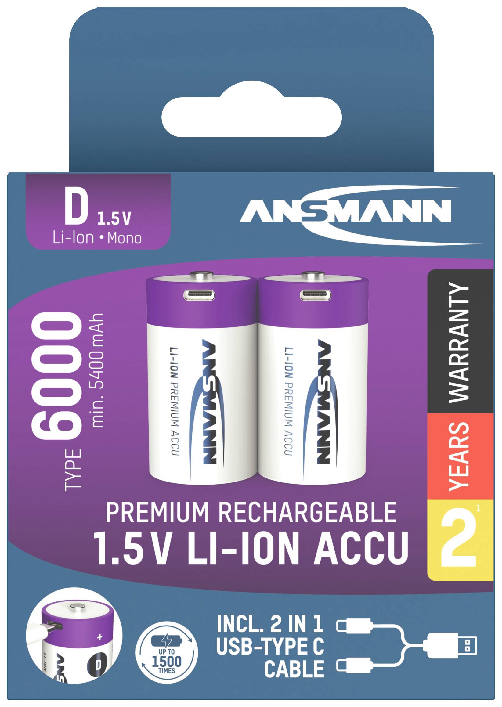 ANSMANN 6000 Type D 1,5 V Li-Ion batteri' emballagen viser to genopladelige batterier med USB-Type-C-kabel og 2 års garanti.