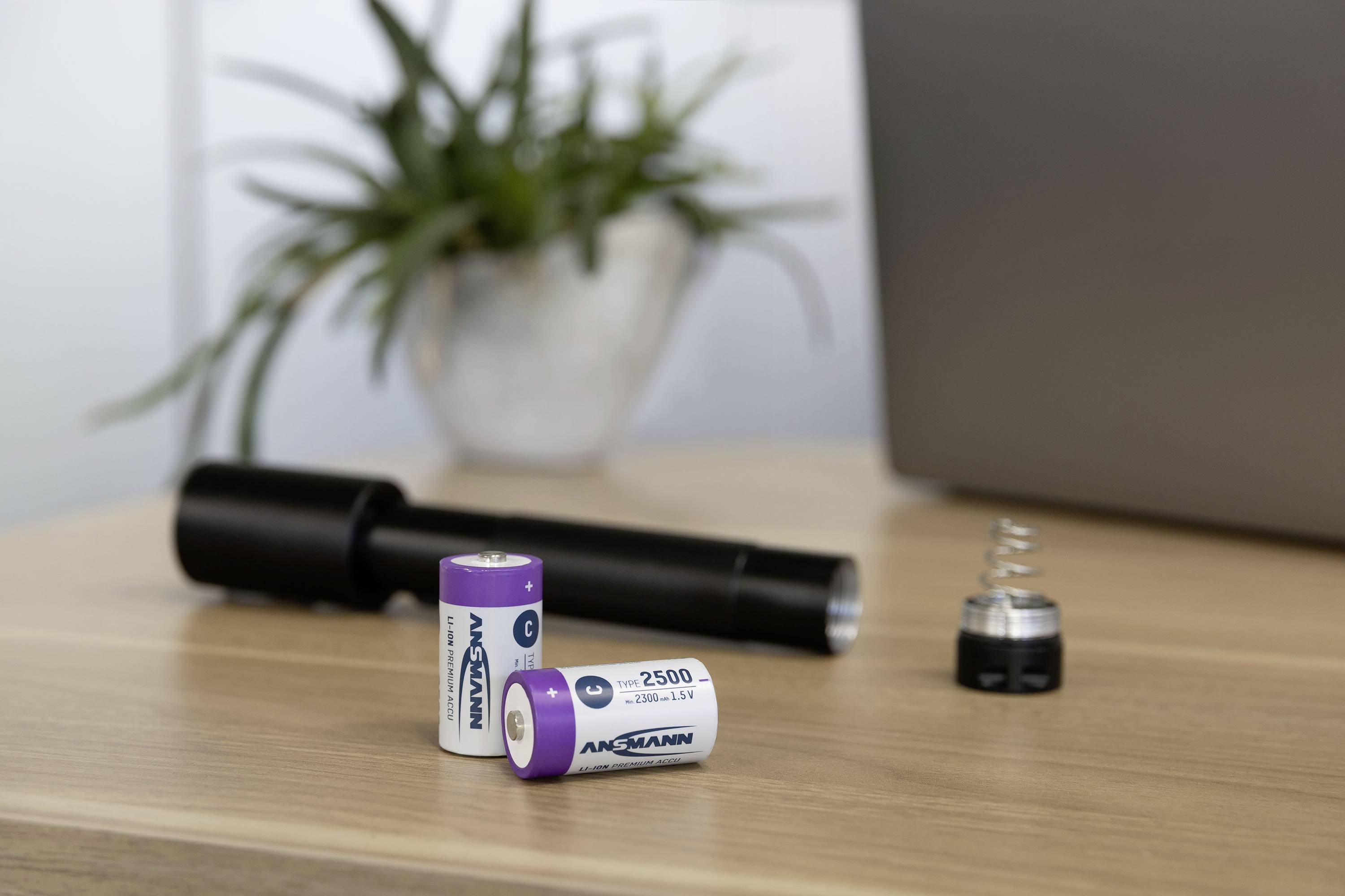 Batterier og en adskilt lommelygte på et bord, med en grøn plante og en sløret bærbar computer i baggrunden.