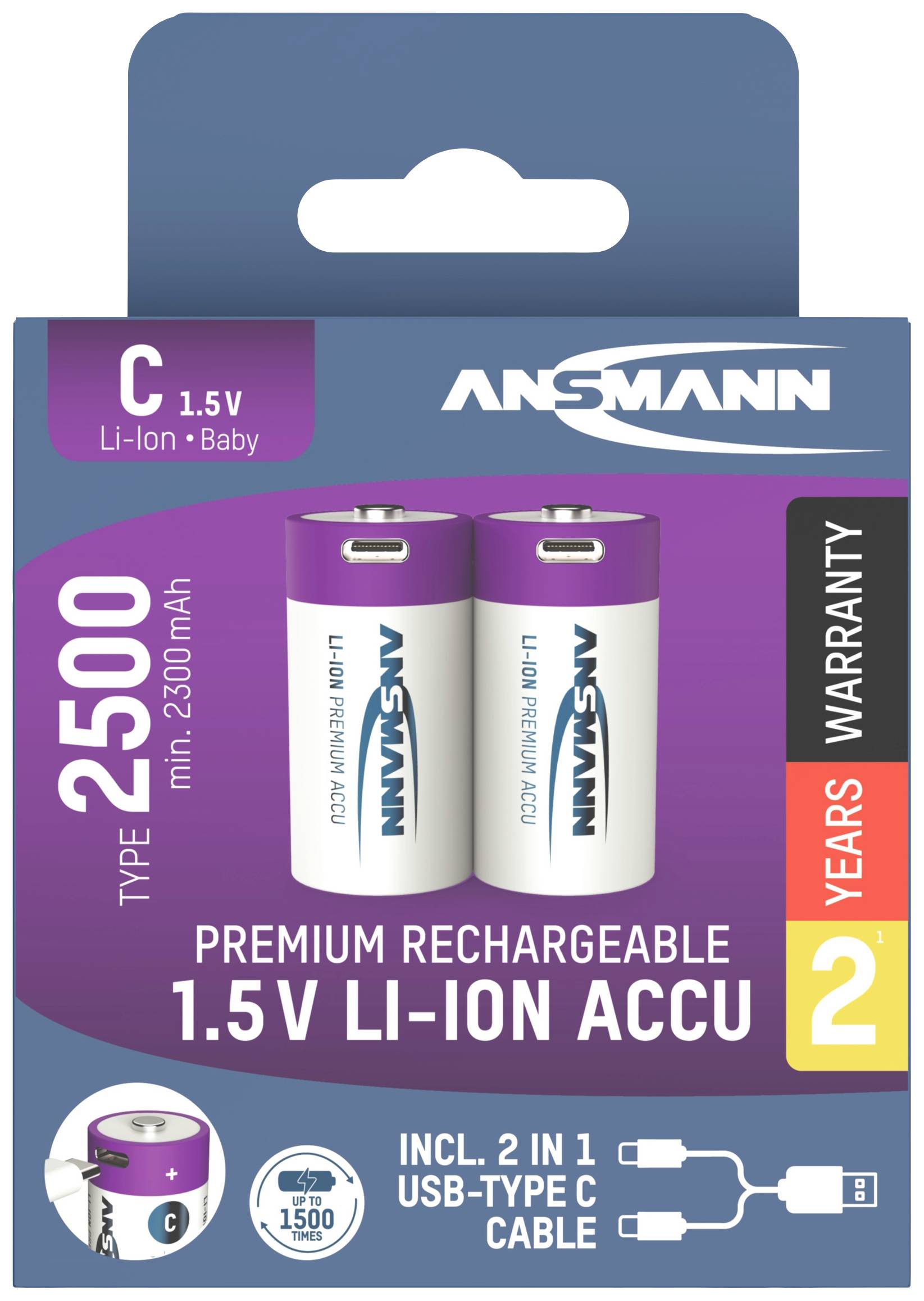 To wiederopladelige Lithium-ion C-batterier fra Ansmann, 2500 mAh. Emballagen viser Type-C-opladningskabel. To års garanti.
