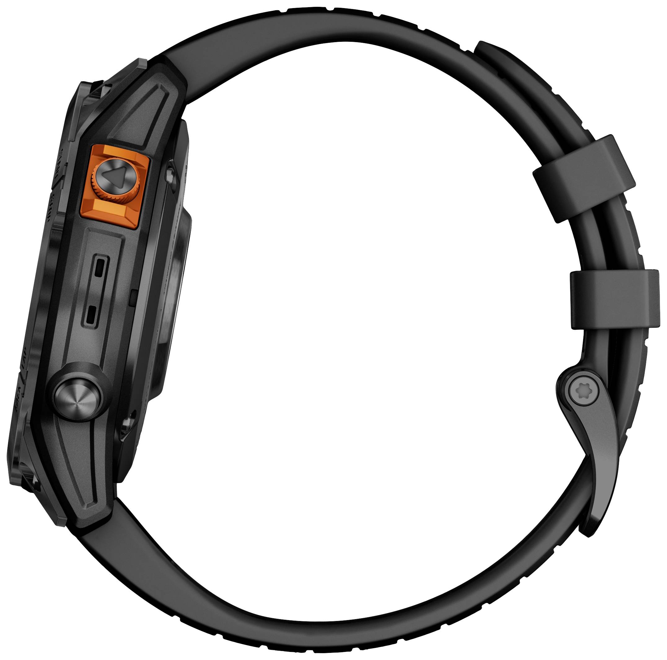 Sidevisning af et robust armbåndsur med sort hus og orange knap.