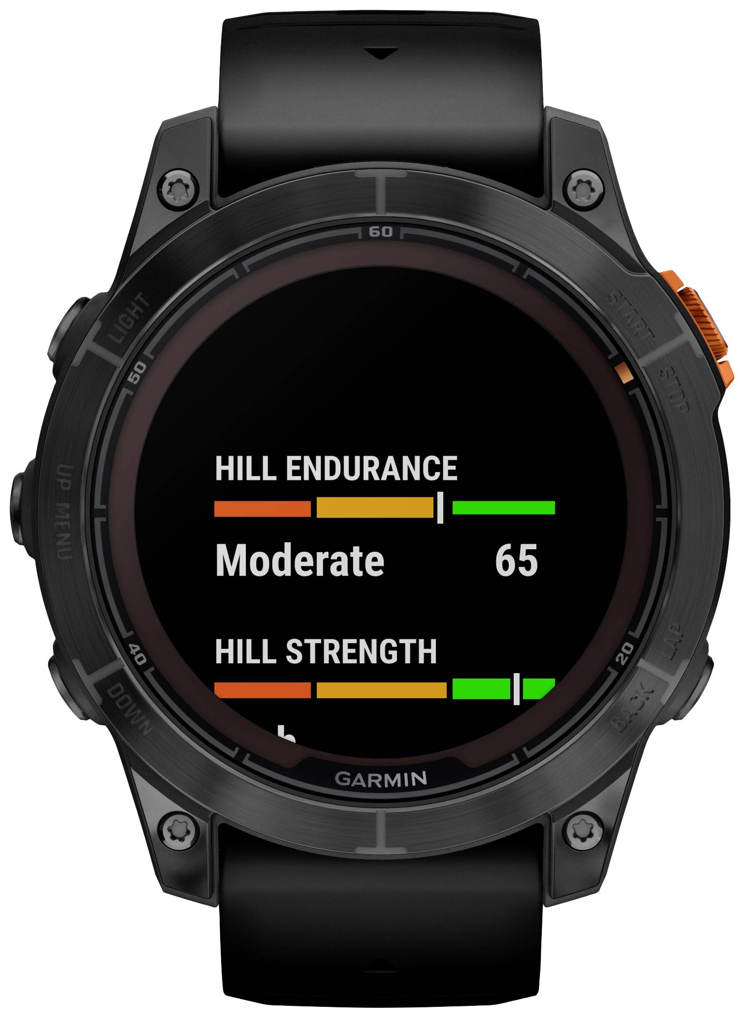 Smartwatch-skærmen viser 'Bakke-udholdenhed: Moderat' med værdien 65 og 'Bakke-styrke' med en grafisk bjælke. En fitnesstracker.