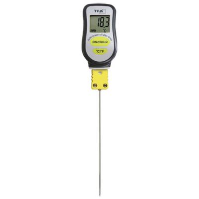 Digitalt køkkentermometer med aflæselig temperatur på 18,3 grader Celsius. Enheden er udstyret med et gult stik.