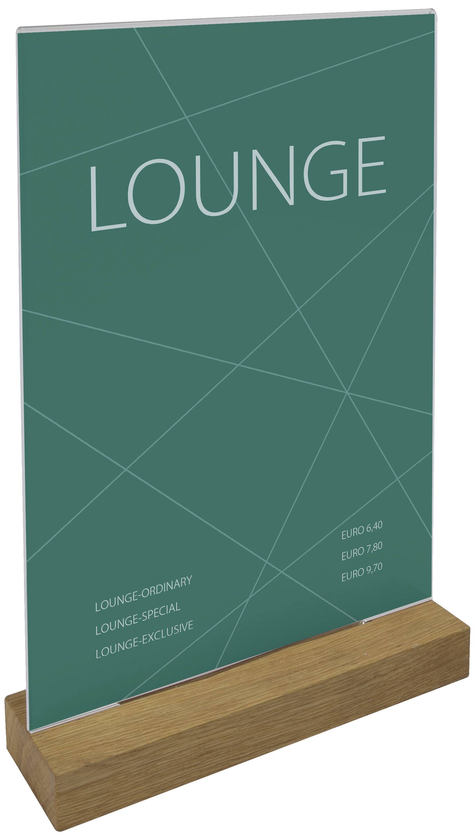 Et grønt skilt med teksten 'LOUNGE', nedenunder står 'LOUNGE-ORDINARY', 'LOUNGE-SPECIAL', 'LOUNGE-EXCLUSIVE' med priser.