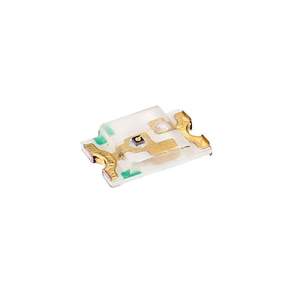 En mikroskopisk elektronisk komponent med guldfarvet tilslutninger på en hvid plade, sandsynligvis en mikrochipsensor.