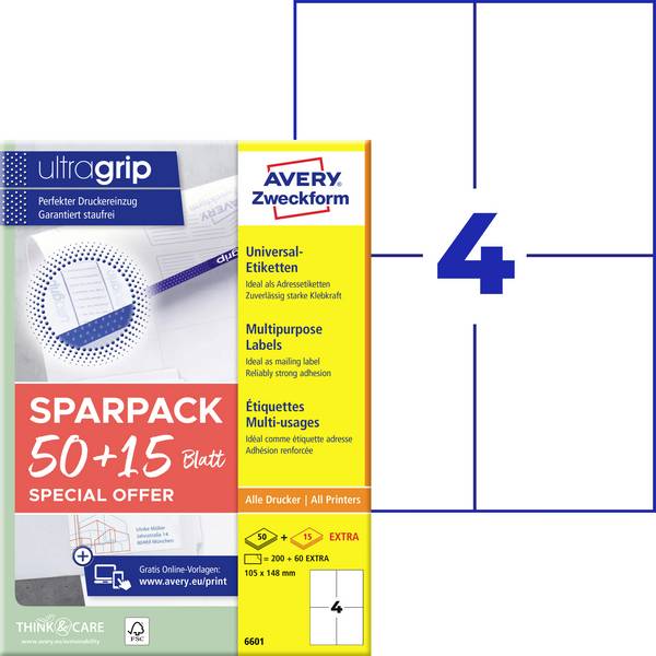 Avery-Zweckform 6601 Universelle etiketter 105 x 148 mm Papir Hvid 260 stk Permanent vedhæftningsevne Farvelaserprinter, Laserprinter