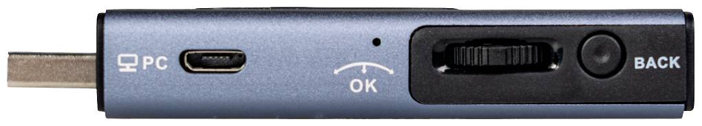 USB-dongle med taster til 'PC', 'OK' og 'BACK', en drejeknap og en USB-C-stikforbindelse på siden.