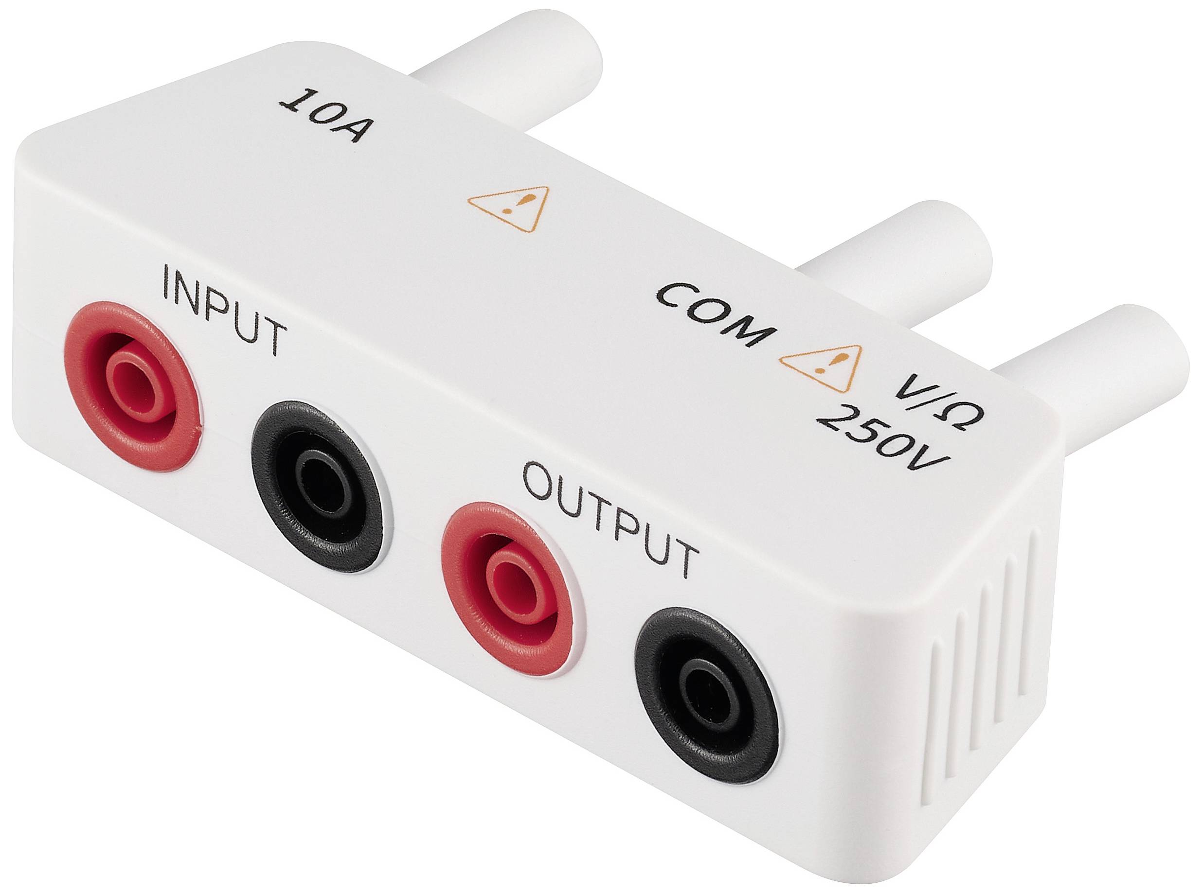 En adapter til elektriske måleapparater med mærkater 'INPUT', 'OUTPUT', '10A', 'COM' og 'VΩ 250V'. Egnet til strømmålinger.