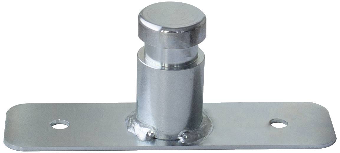Metallic dørstop med cylindrisk anslag på rektangulær base, to skruehuller øverst og nederst til fastgørelse.