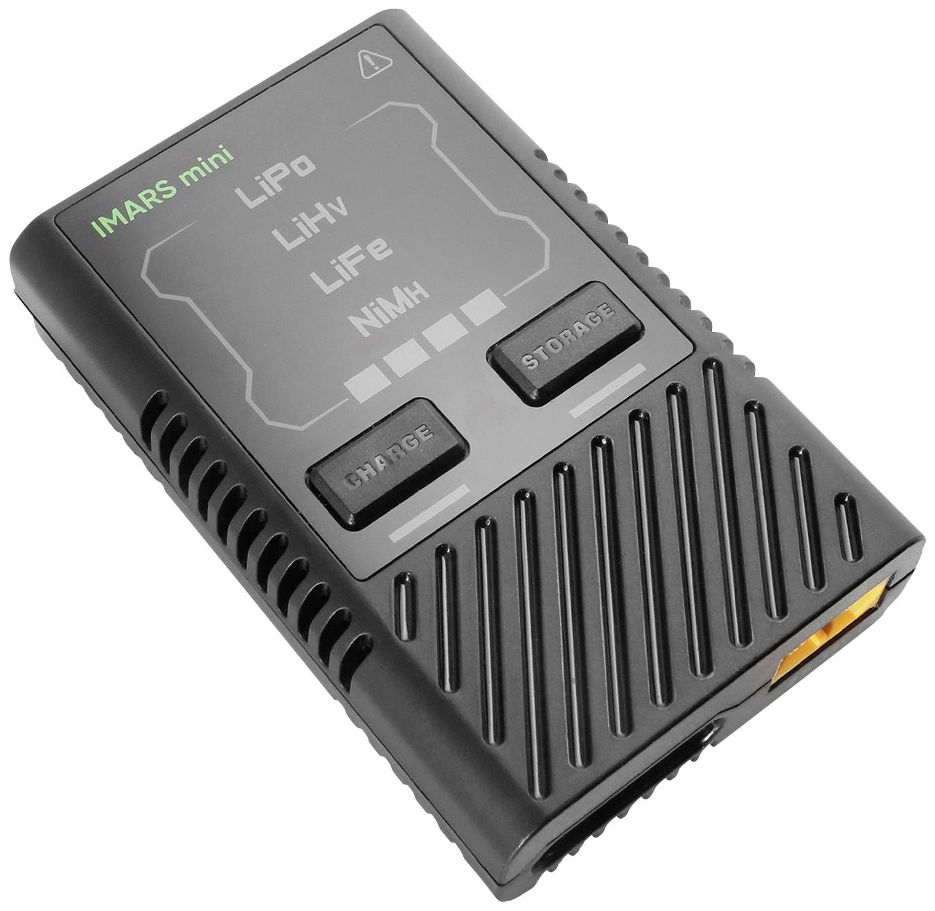 Et sort batteriopladeren med flere valgmuligheder til LiPo, LiHv, LiFe og NiMH batterier. To knapper er mærket med 'OPLADNING' og 'OPBEVARING'.