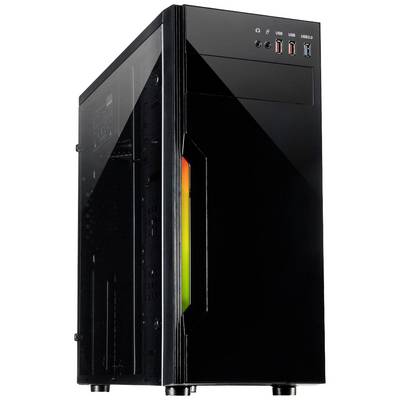 Et sort computerkabinet med en lysende LED-stribe foran. Foroven er der synlige tilslutninger til USB og lyd.